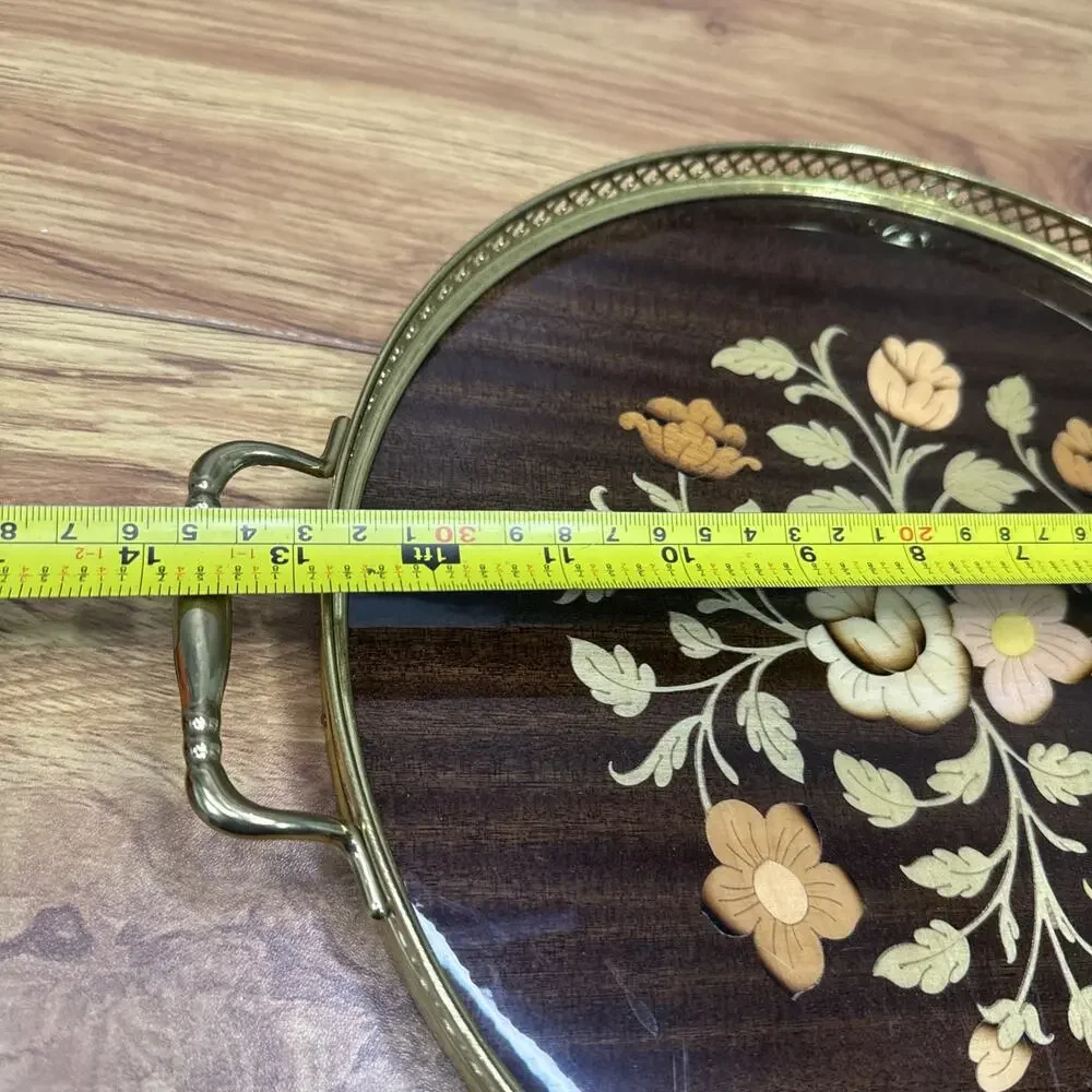 Vintage Italian Marquetry Wood Inlay Tray Brass Handles Vanity Ornate 11-3/4”